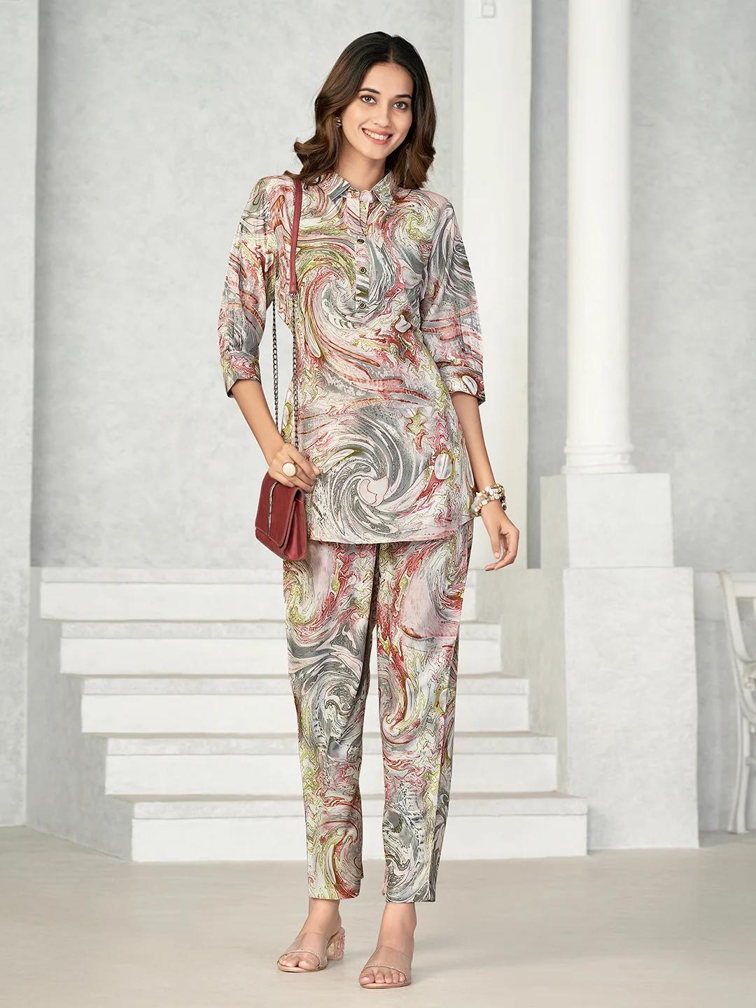 Aabirah Swirl Co-ord Set (Rosewood, Dusty Yellow)